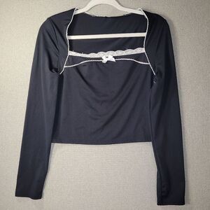 SHEIN Size Large Black Long Sleeve Top with White Lace Detail